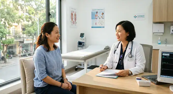 Nữ bác sĩ mỉm cười tư vấn sức khỏe cho bệnh nhân tại phòng khám hiện đại của Bệnh viện Hà Nội.